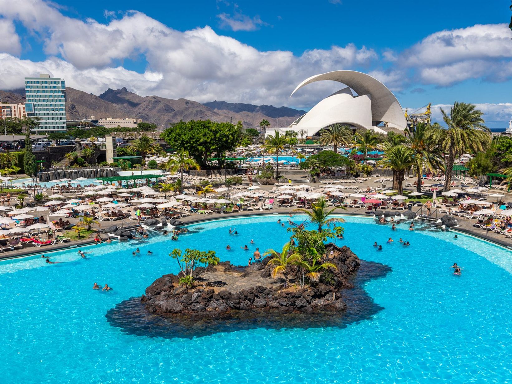 Parque Marítimo César Manrique pool with the Auditorio de Tenerife in the background, Santa Cruz